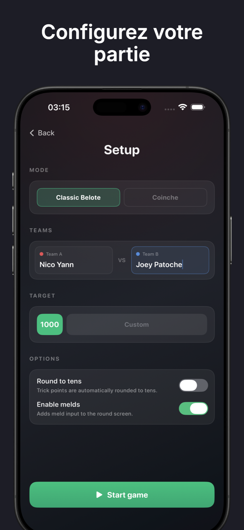 Sélection du mode de jeu belote classique ou coinche sur BelotePoint