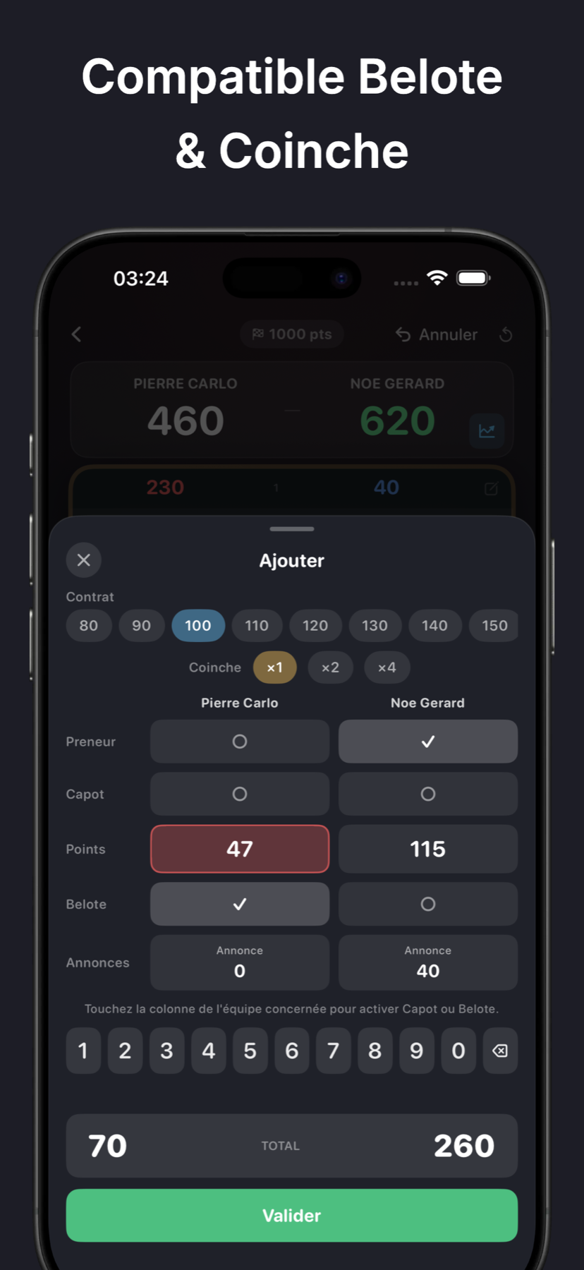 Compteur belote avec gestion des annonces tierce cinquante cent